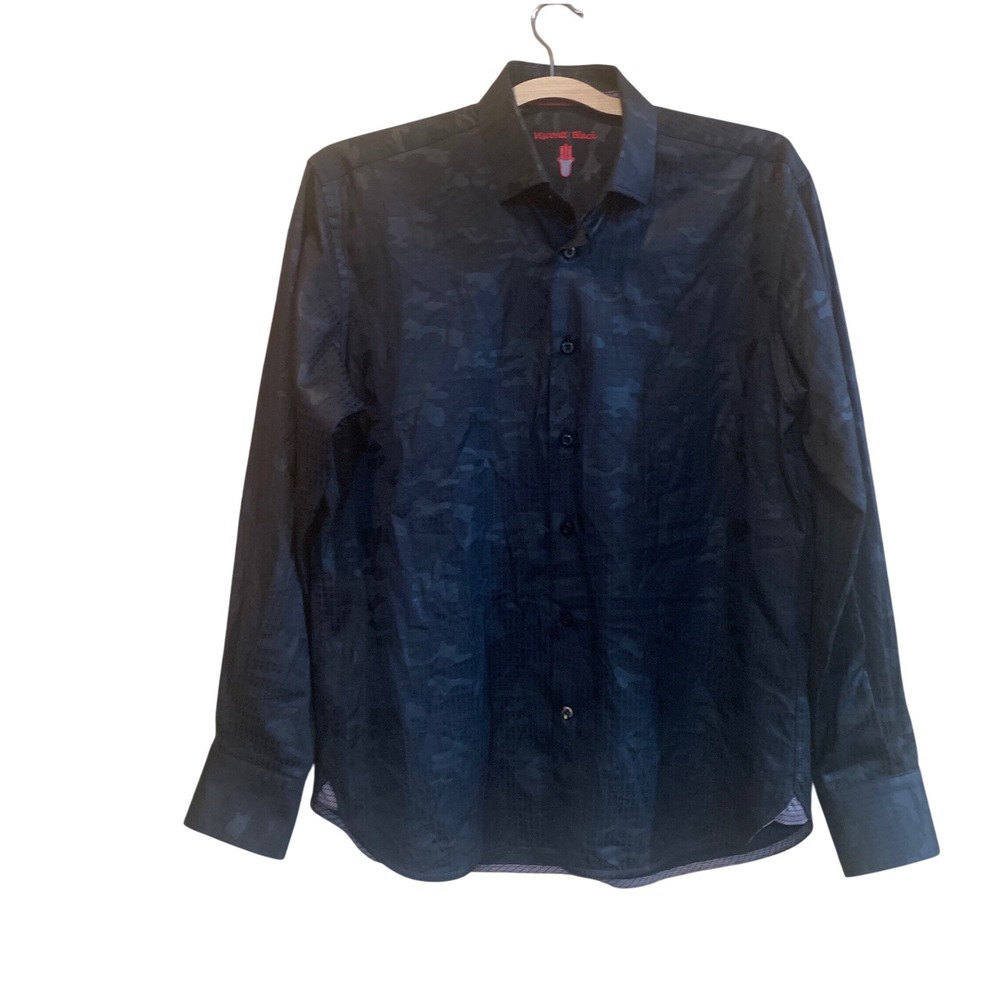 Visconti Black Mens Shirt M Tonal Camo Cotton Blend Modal Button Up Long Sleeve
